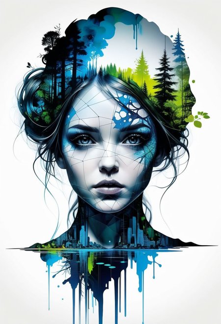 mysterious silhouette of woman from the enchanted pond, abstract art, by Minjae Lee, Carne Griffiths, Emily Kell, Geoffroy Thoorens, Aaron Horkey, Jordan Grimmer, Greg Rutkowski, extraordinary depth, masterpiece, surreal, geometric patterns, extremely detailed, bokeh, perfect balance , deep and thin edges, artistic photorealism, smoothness, excellent masterpiece by the head of rapid engineering, (white background: 1.2),