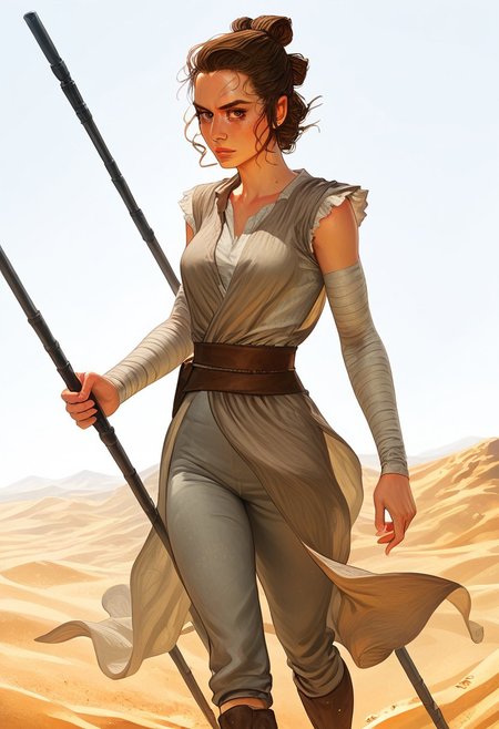 score_9, score_8_up, score_7_up, score_6_up,
1 girl, 1 gorgeous girl)
rey_star_wars, brown hair, hazel eyes, and light skin, brief freckles
Slim body, beautiful face, big eyes, perfect body, small breasts
hair tied in three buns
wearing a distressed beige wrap top, layered brown vest, loose sand-colored pants with bandaged ankles, and worn leather boots, detailed fabric textures, (tattered scavenger clothing), (desert dust on clothes), holding a metal staff
standing facing the viewer, in the desert, sunny day
portrait picture, frontal picture