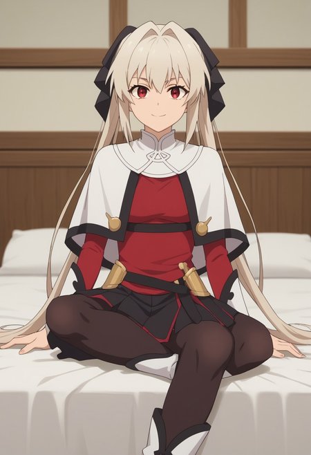 score_9, score_8_up, score_7_up, score_6_up, score_5_up, score_4_up , anime coloring ,BREAK source_anime, anime,screencap, 1girl, solo, lynneburg, bracers, hair ribbon, white boots, skirt, black pantyhose, red shirt, white capelet, belt, <lora:PonyXL Parry Lynne:1> indoors,bedroom smile, looking at viewer, sitting on bed,