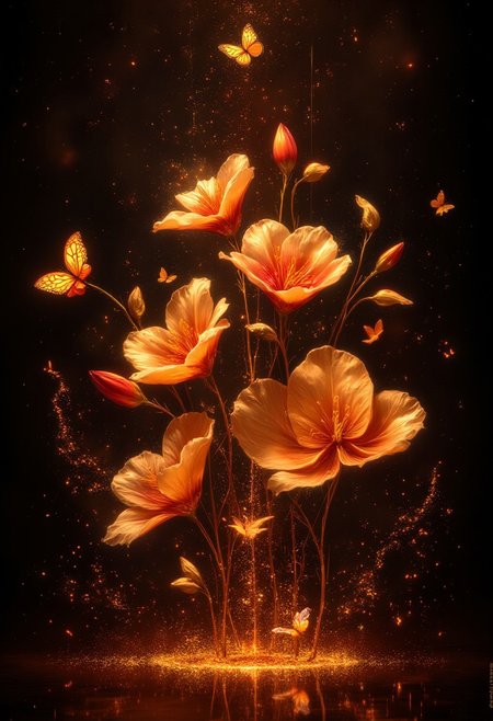 A surreal and painterly composition featuring **radiant golden bleeding hearts flowers** and **luminescent, ethereal butterflies glowing with soft amber hues** against a pitch-black background. The flowers exude a vivid metallic sheen, their delicate petals dripping with a liquid-like luminosity, while the butterflies appear to pulse with an otherworldly golden-red light, their wings traced with intricate, fiery patterns.
The atmosphere is enhanced by a dreamy **bokeh effect** that scatters soft glimmers of gold throughout the composition, creating depth and a sense of quiet wonder. The interplay of **rich golden highlights and deep black shadows** evokes an enchanting, almost mystical ambiance. Subtle embers float in the air, adding a dynamic, surreal quality to the scene.
The overall aesthetic is vivid yet balanced, emphasizing the **contrast between the glowing warmth of the flowers and butterflies** and the velvety darkness of the background. Rendered in **8K ultra-detail**, the textures are hyper-realistic, while the colors glow with an intense vibrancy, embodying an elegant harmony of surreal beauty and luxurious simplicity.