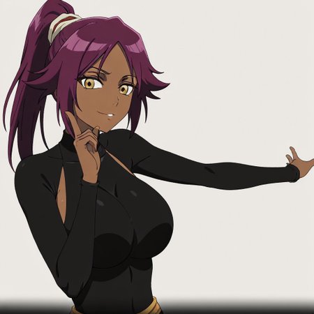 masterpiece, best quality, newest, absurdres, highres, anime, anime style, ONKDDV1.0, dance, finger to cheek, hoshino ruby dance, outstreched arm, pointing at self, 
1girl, shihouin yoruichi (bleach), dark-skinned female, yellow eyes, ponytail, Purple hair,