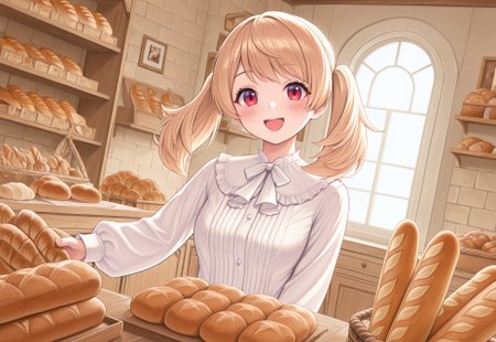highres, best quality, bak3ry, bakery, indoors, shop, bread, baguette, window,
1girl, KRMay, blonde hair, twintails, red eyes, blouse, long sleeves, white shirt, very aesthetic, absurdres, newest, dynamic pose, dynamic angle, looking at viewer, blush, smile, opened mouth, 