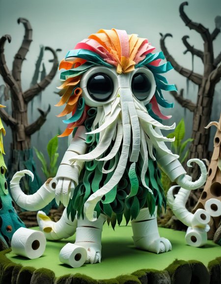 A cute colorful fluffy cthulhu, wildlife photography, in a ral-toiletpaper swamp, 4K UHD, 8K UHD, High-definition, capturing <lora:ral-toiletpaper-sdxl:1> made of ral-toiletpaper