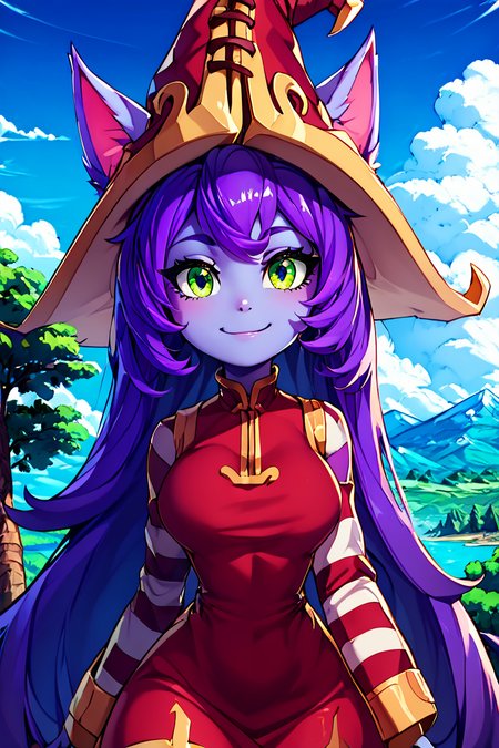 score_9, score_8_up, score_8, (big breasts), (curvy), cute, eyelashes,       BREAK, ,  <lora:LuluLeagueoflegendsPDXL:0.8>, zzLulu, long hair, bangs, animal ears, green eyes, purple hair, colored skin, purple skin, long sleeves, hat, dress, red dress, red headwear, ears through headwear, striped sleeves, yordle,, BREAK, looking at viewer, smile, outdoors, sky, day, cloud, tree, blue sky, mountain, cowboy shot, ,,, embedding:zPDXL, Expressiveh, <lora:Alola_Style_PDXL:1.0>,  <lora:CatalystStylePDXL:0.8>,  <lora:Expressive_H-000001:0.4>,