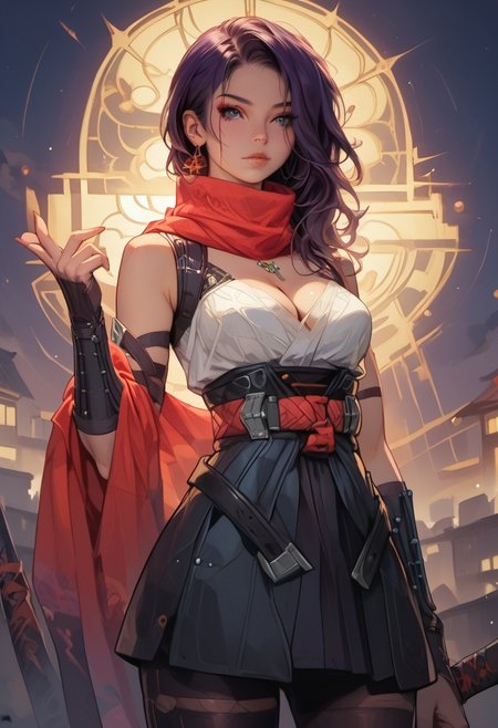 Stable_Yogis_PDXL_Positives, (score_9, score_8_up, score_7_up), source_nsfw, ((face focus, eye focus, dynamic angle, motion)), ((waist-up portrait)), 1girl, fantasy, ((pureerosface_xl, sinozick style, 4RCH0N)), extreme detail, 
BREAK,
(1girl, solo), KDA akali, akali from league of legends, (high ponytail, purple hair, ninja, sleeveless, scarf, asymmetrical clothes, japanese clothes, chest sarashi, obi, o-ring, gauntlets, fingerless gloves, katana, thighhighs, toeless footwear, tabi), source-fantasy, jewelry, female focus, choker, eyeshadow, slim-thick body, cleavage, apart breasts, large breasts, tiny waist, wide hips, slender figure, 
standing, ((slutty pose)), breathless intimacy, textured skin, leggings, petite model bombshell, delicate features, narrow pointy nose, tiny nose, lust, big eyes, seductive eyes, detailed skin, flared lashes, mascara, makeup, breasts, athletic body, narrow waist, wide hips, ((tiny waist)), slender figure, sensual gaze, 
warm light, detailed, two arms, good hands,
BREAK,
milky way, runes, arcane, astral, surreal, ethereal glow, masterpiece, best quality, intricate design. colorful, fantasy city streets, evening, sunset light, moody whimsical color palette, bold soldering lines, volumetric light shining through, crepuscular rays, intricate craftsmanship, detailed texture, luminous transparency, reflective light play, vivid hues, atmospheric depth, enchanting silhouette, art nouveau,