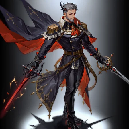 <lora:Zahar_Alchemist_Code-000003:.5> tagatamezahar, 1boy, grey hair, black sclera, red eyes, hair ornament, solo, muscle body, male focus, manly, mature male, collared shirt, ascot, long sleeves, cape, coat, belt, pants, holding sword, shoes, armor
(very short hair, beard, bara, mature, facial hair, stubble, beard, full beard, sideburn, beard, a lot of beard, ), facial hair,male focus, muscular male, muscular male, bara, mature,  bara, mature, aixiwuganda_(20222192), very awa, masterpiece, best quality, absurdres, newest, perfect quality, detailed background, intricate details,
<lora:slider_Body Type_alpha1.0_rank4_noxattn_last:3><lora:Anime Summer Days 2 Style SDXL_LoRA_Pony Diffusion V6 XL:.6><lora:slider_cfg_scale_boost:.7><lora:Artist6p:.55>, Artist6p, Artist04p,<lora:slider_il_brightness_slider_d1:-1><lora:slider_il_contrast_slider_d1:-1><lora:slider_DarkSlider1.2_alpha1.0_rank16_full_300steps:-.6>