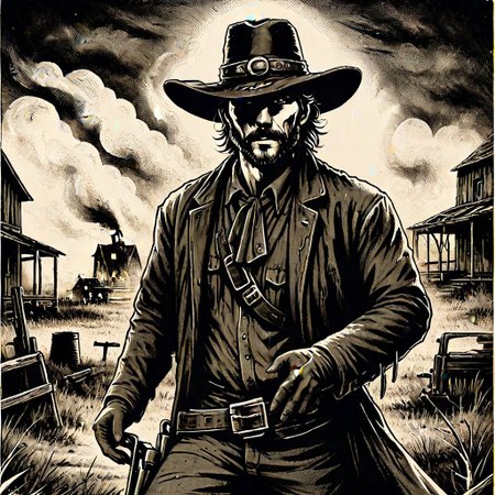 best quality, masterpiece, 1 man, cowboy, cowboy hat covering eyes, holding a lever action rifle, standing in front of burning barn, flames in background, smoke