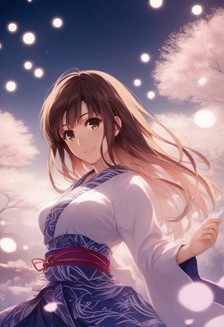 score_9, score_8_up, score_8, score_7_up, score_7, source_anime,
1girl, katou megumi, Megumi <lora:KatoMegumi:1>,brown hair,katou megumi,brown eyes, long hair , medium breasts,  solo, Looking at viewer, masterpiece, best quality, traditional Japanese festival theme, night background with glowing lanterns, wearing a floral yukata (navy with pink cherry blossoms), surrounded by bustling festival stalls, warm glowing lights, soft smile, hair styled with a delicate flower accessory, wind gently moving the yukata fabric, fireworks lighting up the sky, vibrant colors, mid-shot perspective, festive and lively atmosphere