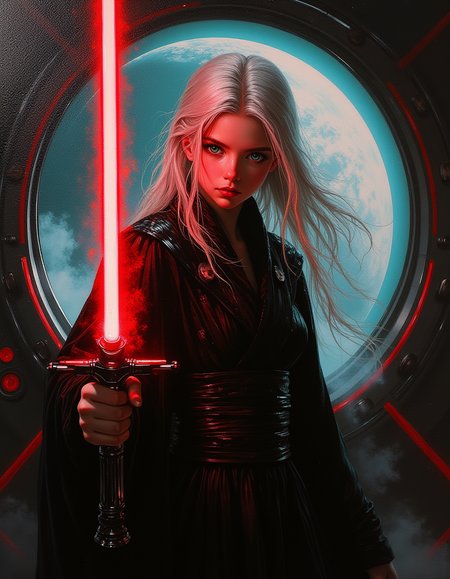 masterpiece, high quality, Oil Painting, Hyper-realistic, hyper-detailed painting of a punk young teen Jedi Knight, wear dark Jedi robes, grips a glowing dark red lightsaber with proud, disdainful look on her face. She is in a futuristic space ship, standing in front of a window at the strange red gas giant planet in space outside the spaceship window. The air in the space ship is cold, and her breath forms smoke in the cold air. She is wearing heavy punk makeup with a petite body, flowing white hair, enchanting green eyes, and porcelain white skin. Her skin is so white you can see her veins. She strides purposefully. The atmosphere is tense, filled with a sense of urgency and anger.
Focus on the girl, shadow and light, Masterpiece, intricate lines, intriguing atmosphere, sharp magnificent details, delicate features, elaborate details, (2\3 rule composition:0.5), ultra detailed, romantic, Rembrandt lighting, brush stroke, lovely, del1cate_balance style, in the style of Rembrandt. vantablack <lora:style_of_Rembrandt_FLUX_135:.8> <lora:- Flux1 - vanta_black_V2.0:.3> <lora:Delicate_Balance:.3> <lora:neeeg_f1:-1>