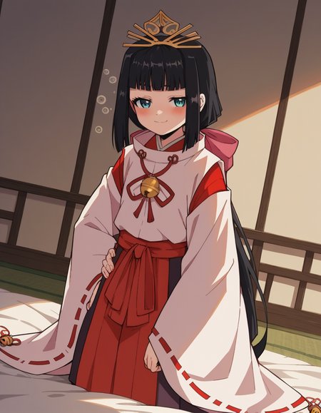 score_9, score_8_up, score_7_up, source_anime, <lora:nigewaka-shizuku-s1-ponyxl-lora-nochekaiser:1>, shizuku, long hair, bangs, blue eyes, black hair, blunt bangs,, japanese clothes, bell, miko, skirt, long sleeves, ribbon, wide sleeves, red ribbon, ribbon trim, hakama, hakama skirt, jingle bell, ribbon-trimmed sleeves, miko, red hakama,, indoors, bed, bed room, on side, blush, drunk,, smile, , smug, hands on hips,, solo,, cowboy shot, dutch angle