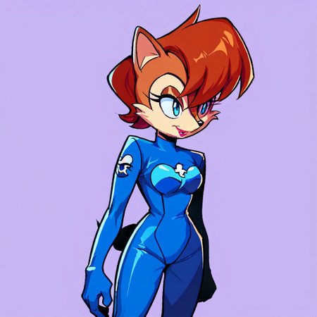 score_9, score_8_up, score_7_up, source_anime, 1girl, solo, sonicx_style, sally acorn, brown fur, two-toned fur, short hair, bangs, blue eyes, lipstick, makeup, blue bodysuit, cowboy shot