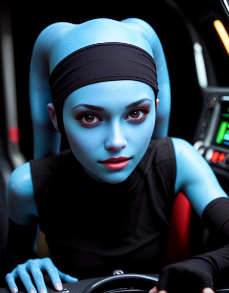 8k UHD, 1440p, hires, score_9, score_8_up, score_7_up, score_6_up, score_5_up, realistic, explicit, solo, intricate detail, perfect eyes, face focus, VaoM, KOTOR, Twi'lek, Lekku, alien, colored skin, blue skin, hairband, 1girl, solo, round face, puffy eyes, brown eyes, slim hips, thin legs, from front, cute, black shirt, vest, pants, boots, in cockpit <lora:Expressive_H:1> <lora:PerfectEyesXL:0.7> <lora:Pony_Mission-Vao_V1:1>