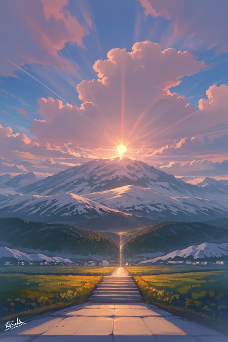 PDXL, source_anime, <lora:AlpcmasV1:1>, alpcm4s, landscape, 
snowy mountain, sun behind it, clouds, 
volumetric reflections, volumetric shadows, HDR, shot on Canon DSLR