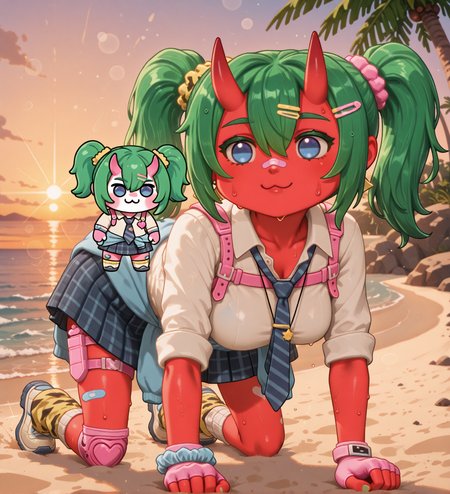 (dance, sparkling, happy, smile:1.2), (doro, :3, chibi, no pupils, solid circle eyes, full body, white skin, all fours, depth of field, bokeh, sunset, golden hour, beach, sand, palm tree, ocean, rocks, detailed background:1.5), fortnite_nemia, 1girl, solo, green hair, twintails, ponytail, long hair, bangs, hair between eyes, hair over one eye, ears, horns, oni horns, single horn, red skin, pink skin, blue eyes, parted lips, bandaid, bandaid on nose, bandaid on thighs, breasts, shirt, school uniform, necktie, plaid skirt, thighhighs, socks, loose socks, boots, jewelry, earrings, bracelet, charm, belt, gloves, fingerless gloves, knee pads, leg warmers, collarbone, solo, colored skin, hair ornament, hairclip, scrunchie, holster, striped necktie, clothes around waist, oni, plaid, charm (object), blue necktie, sweater around waist, animal print, heart, shoes, star (symbol), thigh holster, (female focus, female_focus, sweating, sweat:1.8),  <lora:Fortnite_Nemia_Demonically_Cute_Set_ILXL_E41_16_DIM:0.7>, <lora:dmd2_sdxl_4step_lora:1>  <lora:doro_xypher_ixl_v1:1>