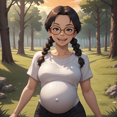 score_9, score_8, BREAK, solo, mii, wii, black eyes, brown glasses, small nose, half circle nose, big mouth, open mouth, teeth, mole under mouth, black hair, low braids, white clothing, black pants, shoes, blush, 1girl, female mii, cute, medium breasts, keiko_(\Wii_Sports\), wii Sports, Nintendo Mii, modern_mii, classic_mii, pregnant, adult female, mature female, sexy pose, self portrait, smile, outdoors, sunlight, shadows, evening lighting, natural lighting, forest, trees, grass, orange sky, sunset,