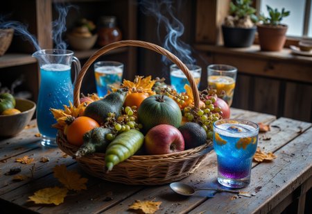 Create a detailed UHD image featuring a rustic wooden table inside a cozy cabin. on the table is a basket overflowing with exotic alien fruits from another planet. The fruits should have unique and vibrant colors, unusual shapes, and intriguing textures, showcasing their otherworldly origins.  Include fruits that combine a smooth, banana-like shape with a juicy, tomato-like texture, glowing translucent grapes in shades of blue and green, an icy cantaloupe with minty green flesh, star-shaped limes with a shiny green exterior, a deep violet pod with creamy purple pulp, and metallic apples with an iridescent sheen. Next to it is a jug with oddly shaped glasses containing a blue, sparkling drink. Foam and wispy smoke rise from the glasses. The setting should evoke a warm, inviting atmosphere with the contrast between the earthy wooden table and the vivid, fantastical fruits. cinematic
Midjourney_Whisper