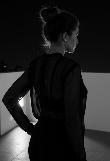 A freckled Scandinavian woman with brunette hair in a bun, wearing a sheer black blouse that subtly reveals her form. She stands on a modern terrace at night, surrounded by darkness with no lights. The image is in black and white, highlighting her silhouette against the shadowy scene, creating a quiet and intimate atmosphere
