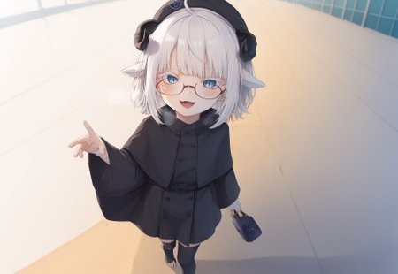safe_pos, score_9, score_7_up,detailed face, (LOLIt*), lineart, (kedama style), shiny skin, breath, ear blush,
(((perspective,depth_of_field))), (airport),
(from above), (close-up), detailed line, (eye focus), ((looking up)),
BREAK

(((sheep ears))), see-through black cloak, ((pink lips)),

((pigeon-toed)), (toeless_legwear thighhighs),
(lace-trimmed gloves), looking at viewer, black clothes, beret, glasses, (white eyelashes),
blue eyes with reflection, ear blush, ((:o)), slit pupils, crystal,  
small breasts, cleavage, lips, fangs, (furrowed brow), mesugaki,
white hair, messy hair, [medium hair], [black curled horns], (bare shoulders),