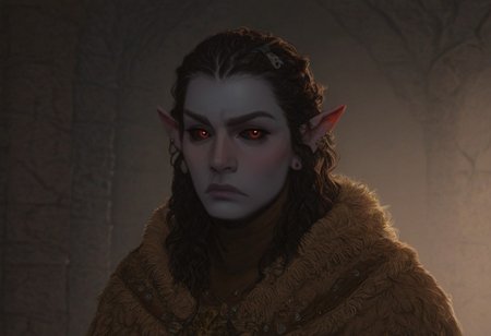 solo, short pointy ears, piercings, random elf face, aquiline features, male dark elf, masculine, beard, weathered skin, large nose, athletic build,  animated realism, zoomed out, Syrian features, torso, brass pipes and gears, intricate architecture, dwarven masonry, dwemer fixtures, white-green light, gloomy lighting, ancient ruins, interior, stone tiled floor, grey-blue skin, mahogany and ivory clothes, medium armor, bone plate armor, ivory straps and fittings, grey wood neckguard, dark red sclera, black pupils, distant mushroom forest, blue-green light, neon, highly detailed, defined features, looking at viewer, three quarters view, from front, dynamic lighting, 56 years old, light and shadows, patterned cloth, annoyed expression, expressive eyes, detailed medieval clothes, long hair, wavy hair, thick hair, beaded hair, braided hair, under cut hair, semirealistic, alien elf, spanish features, jewish features, black hair, dark red hair, umber skin, sharp features, pastel green berber print cloak, nighttime, high detail, absurdres, pretty eyes, detailed eyes, red eyes,