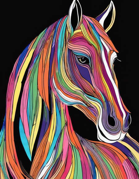 colorful, horse, simple background, black background, white outline, animal focus, LineWork, dramatic, romantic, progressive, elegant, intricate, highly detailed,,,, very inspirational, beautiful, delicate, composed, colorful, sharp, balance, artistic, illuminated, incredible, creative, positive, joyful, unique, loving, pure, attractive, emotional, majestic
 <lora:LineWork-000005:1>