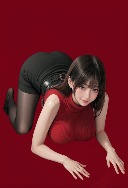 1girl,solo,red background,ruanyi0892,,belt,black pantyhose,high-waist skirt,sleeveless sweater,red sweater,all fours,full body,looking at viewer,from behind,bent over,ass,kneeling,<lora:0892 Home wear_v1_pony:1>, score_9, score_8_up, score_7_up, score_6_up, score_9, score_8_up, score_7_up, score_6_up source_anime, blush, 1girl, seduce smile, perfect body , natural huge breasts