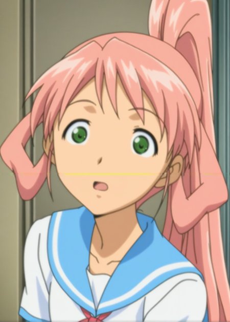 <lora:Seri_Illustrious_from_Jinkou_Shoujo_Henshin_Sex_Android:1>,Seri,Anime screencap,anime coloring,1 girl,pink hair,hair wheel,school uniform,standing,(open eyes:1.3),green eyes,