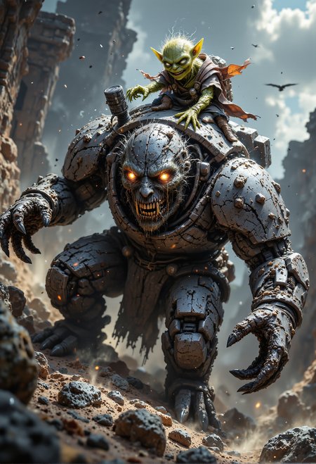 A vivid and dynamic scene featuring a small, mischievous goblin perched on the massive shoulders of a towering stone golem. The goblin, with bright green skin, spiked ears, and a pair of cracked goggles, flashes a wide, sinister grin that radiates cunning and malice. He clutches crude, makeshift controls connected to the golemâs back, commanding the hulking creature. The golem, composed of jagged stone and etched with faint glowing runes, appears lifeless, its hollow eyes betraying its state of soulless subjugation. The setting is a rugged, desolate landscape, with dust swirling in the air, amplifying the ominous tone of their unlikely pairing. <lora:aidmaFLUXPro1.1-FLUX-v0.3.safetensors:1.0>,  <lora:MysticFantasy.safetensors:0.5>, <lora:black_fantasy.safetensors:0.5>,