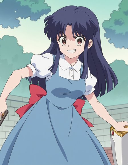 score_9, score_8_up, score_7_up, source_anime, <lora:akane-tendou-s1-ponyxl-lora-nochekaiser:1>, akane tendou, long hair, black hair, brown eyes, blue hair, sidelocks, medium breasts, anime screencap,, school uniform, pinafore dress, short sleeves, collared shirt, puffy sleeves, blue dress,, armory, weapons, armor, storage racks, military, smile, leaning forward,, looking at viewer, solo,, dutch angle, cowboy shot