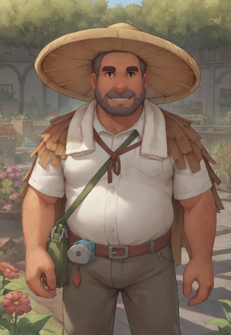 score_9, score_8_up, source_anime, cartoon, Zeke, beard, facial hair, grey hair, brown eyes, straw hat, straw cape, towel, satchel, fat, muscular, hairy, garden, front view, smile, looking at viewer,