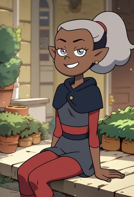 score_9, score_8_up, score_7_up, score_6_up, score_5_up, 1girl, solo,
masterpiece, best quality, absurdes,
<lora:Skara (The Owl House) (Pony):0.9>
Skara_Owl_House, dark-skinned female, silver eyes, ponytail, multicolored hair, white hair, black hair,
gray shirt, gray skirt, red sleeves, red leggings,
grin, smile,
outdoors, looking at viewer, 3/4 angle,
<lora:Expressive_H:0.7> Expressiveh,
<lora:add-detail-xl:0.9>
 <lora:light:1> neolight