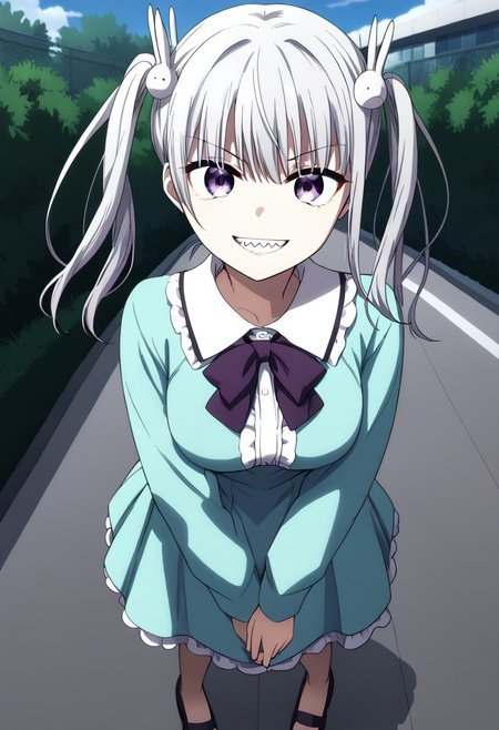 anime screencap, anime coloring,
outdoors, park,
BREAK
1girl, solo, full body, 
sakuno_mutou, twintails, rabbit hair ornament, purple eyes,
aqua dress, huge collar, frills, neck ribbon,
smile, grin, sharp teeth, looking at viewer,
head tilt, standing