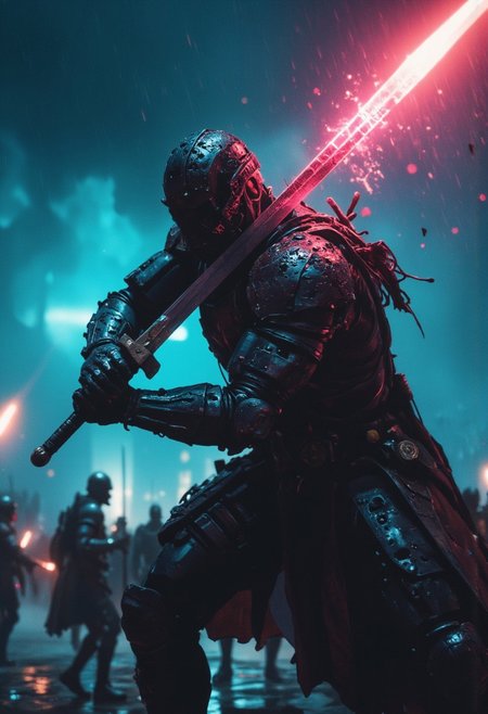 This analog Photo captures an intense action scene of a lone swordsman, drenched in heavy rain, mid-strike on a dark, stormy battlefield. The scene IS bathed in bleaked vibrant turquoise pink Neon hues, His sword slashes through the air, scattering droplets of water like shards of glass, each illuminated by flashes of lightning that streak across the sky. His figure, shrouded in shadow, is rugged and battle-worn, with cracked, weathered skin that gives him an otherworldly presence. His eyes are shaded under a soaked hood, sharp and focused, cutting through the relentless downpour. The rain batters the scene, heavy drops splashing against his armor and sword, which gleams in brief moments of light. Metallic sparks fly as his blade clashes with an unseen foe’s weapon, adding to the chaotic energy. The background is a blur of deep blues and blacks, with distant silhouettes locked in battle, barely visible through the curtain of rain. The atmosphere is tense and gritty, as the swordsman stands defiant against both the storm and his enemy. The style, reminiscent of a digital painting, emphasizes rough textures, the gleam of wet steel, and the intense contrast between shadow and light, creating a dramatic, almost surreal moment frozen in time. The overall mood is dark and action-packed, blending the raw intensity of battle with a haunting, rain-soaked atmosphere.
