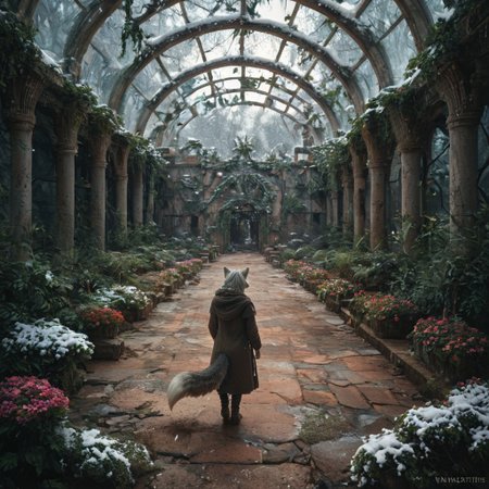 score_9, score_8_up, score_7_up,  fullbody, 1girl, furry, anthro, gray fur, wolf tail, wolf, solo, fullbody, backview, looking arround in wonder, masterpiece, best quality, very aesthetic, close up, gray hair, gray twin braids, green eyes, standing in the ruins of botanic garden with glass ceiling, overgrown, trees, frozen flowers, plants,  broken glas, snow patches ray of light, dark sky, low light, white snow, (postapocalyptic city), d, dark, worried, concerne, ragged winter clothes