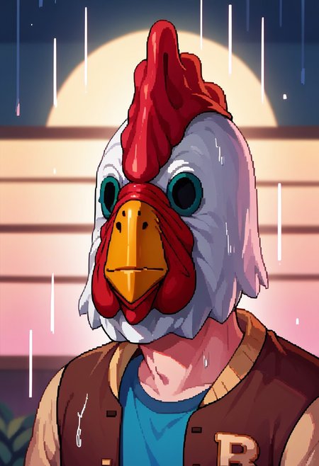 masterpiece,best quality,score_9, score_8_up, source_anime,(deep shadows, Pixel_Art),(face focus,close up,portrait, blurry background, pink lighting, night, dark, pink theme, rain),<lora:ChamJacketHotlineMiamiPonyXL:1> ,1boy, solo, JacketHotlineMiami, mask,(letterman jacket,open jacket,shirt)