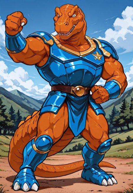 score_9, score_8 up, score_7, 8K, In'ei, traditional animation cel, perfect depth of field shot, beautiful, sharp focus, crisp details, 90s animation, masterclass animation, photographic realism, source_anime, orange tyrannosaurus rex-anthro wearing blue roman armor, roman centurion armor, gladiator armor, blue chest armor, blue stomach armor
orange tyrannosaus-rex anthro, dinosaucers, extreme dinosaurs, muscular, dinosaur, trex, blue lorica musculata, blue Pteruges, blue roman armor skirt, blue greaves, blue bracers, gold trim on armor, perfect proportions, long tail, orange skin, orange scales, 
exterior, detailed anime sky with clouds, dynamic action, bent leg, nature, in the style of the cartoon Dinosaucers, 80s cartoon, punch, black linework with flat anime color, heroic pose, smiling