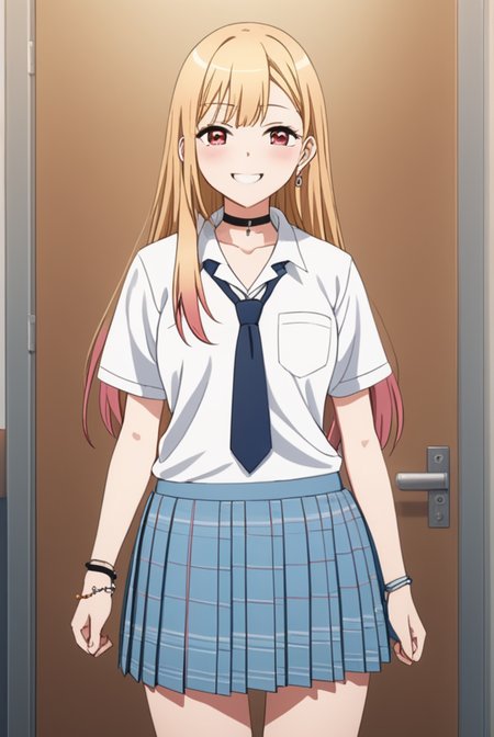 masterpiece, best quality, highres, 4k, 8k, intricate detail, cinematic lighting, amazing quality, amazing shading, soft lighting, Detailed Illustration, anime style,
marinkitagawa, <lora:marin-kitagawa-s1-sdxl-lora-nochekaiser:0.75>,
marin kitagawa, long hair, bangs, blonde hair, red eyes, multicolored hair, pink hair, smile,
skirt, shirt, jewelry, school uniform, white shirt, pleated skirt, earrings, necktie, choker, bracelet, blue skirt, plaid, black choker, plaid skirt, loafers, mini skirt, shoes,
indoors, classroom,
looking at viewer, full body,