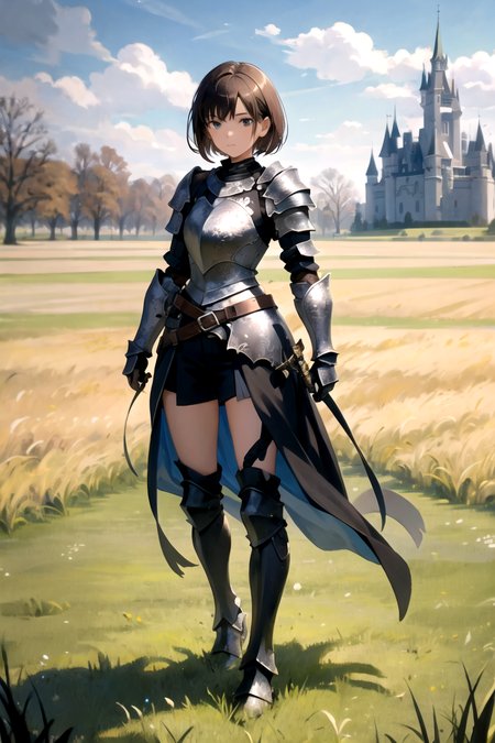 masterpiece, best quality, 1girl, solo, short brown hair, (Black armor:1.2), black helmet, full body, fantasy, cowboy shot, field of grass, castle, close up