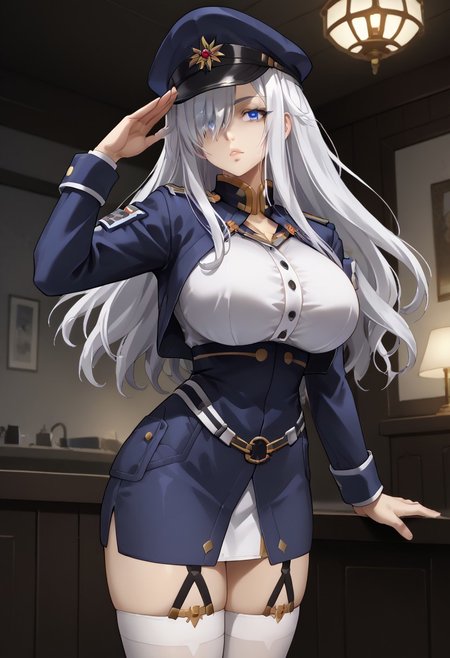 score_9, score_8_up, score_7_up, 1girl, sylwia krzasinska, source_anime, solo, anime screencap, anime coloring, zPDXLxxx, Expressiveh, white hair, wavy hair, long hair, blue eyes, hair over one eye, one eye covered by hair, perfect lips, vibrant eye color, expressive eyes, ultra-feminine, ultra-detailed face, ultra-detailed skin, lustrous ultra-detailed hair, (extreme hourglass figure: 1.5), ultra-slim proportions, (feminine muscles: 1.1), (long breasts, perfectly round breasts, huge breasts: 1.5), ultra-narrow waist, ultra-flared hips:, perfectly round ass, (ultra-jutting ass, shapely ass: 1.2), perfect butt crack, thin tighs, ultra-fit figure, long legs, bursting breasts, ultra-jutting breasts, ultra-pointy breasts,  blue headwear, blue jacket, blue skirt, hat, jacket, military, military hat, military uniform, peaked cap, shirt, skirt, thighhighs, uniform, white shirt, white thighhighs, indoors, detailed background, military base, sci-fi base, steel grey walls, alert lights, staring at viewer, bending over, leaning forward, saluting, military salute, sexually suggestive