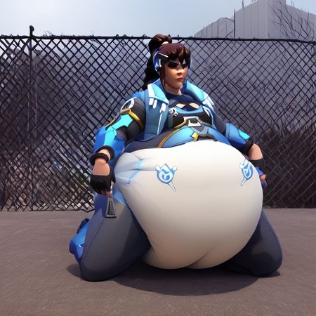 widowmaker, overwatch, amelie lacroix, captain lacroix, braided ponytail, fat, female, diaper, puffy diaper, big diaper, waddle, huge diaper, chubby, onesie, massive diaper, confident, skintight bodysuit, anime, anime artsyle, weight gain, fat legs, rooftop,