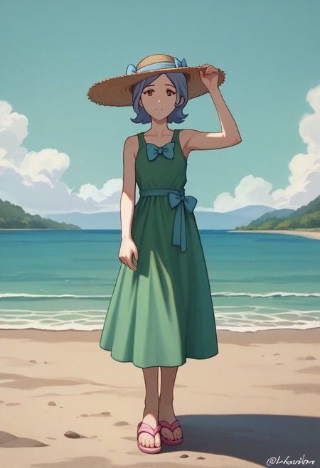 score_9, score_8_up, score_7_up BREAK viodg, 1girl, pastel indigo hair, cyan bow, brown eyes, green summer dress, pink sandals, summer hat, greeting at viewer, beautiful summer windy scenery, cowboy shot,