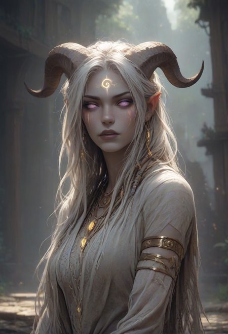 (absurdres, best quality, masterpiece:1.4), score_9, score_8_up, score_7_up, score_6_up, detailed, detailed body, detailed face, world of warcraft, fantasy, <lora:add-detail-xl:1.5>,
fFaceDetail, (female, draenei, h0rns, ram horns, white horns, tall, athletic arms, pale white skin, long white hair, purple eyes, no pupils, no sclera, long white tail, long fingers, purple fingernail polish), 
(long loose white dress, white silk scarf, tail under dress, simple armlet, small yellow gem pendant, small yellow gem earrings),
upper body, front view, looking at viewer, 
depth of field, outdoors, (fantasy faire, wooden village), (crowds in background, fantasy clothing, human, varied clothing)