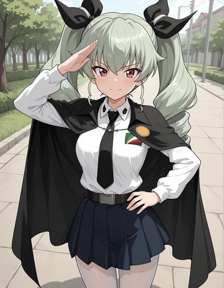 masterpiece, best quality, absurdres, highres,    <lora:anchovy illu:0.9> anchovyillu, black necktie, dress shirt, belt, anzio school uniform, pleated skirt, black cape, pantyhose, emblem,  standing, salute, outside