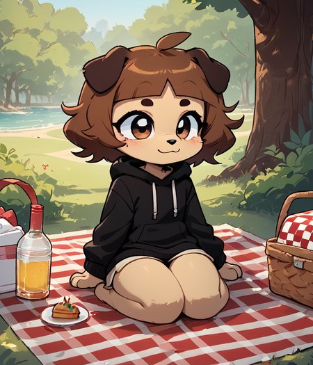 score_9, score_8_up, female, solo, full body, digital art, highly detailed, picnic, black sweatshirt, <lora:mimi:0.7> mimi, dog girl, beige body, brown hair, furry, <lora:KimKrab_v2:0.75> kimkrab