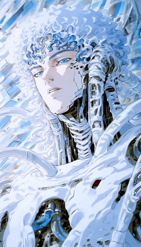 1boy, male focus, solo, white hair, looking at viewer, blue eyes, upper body, parted lips, science fiction, mechanical parts, curly hair, griffith, griffith_(berserk)