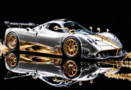 SILVER LIQUID METAL Pagani Zonda sports car, Races through GOLD LIQUID METAL , liquid metal sprays up from the cars tyres, Car drifting in a black void,  Painstaking Attention To Details, (wording above the car say's "ZONDA")