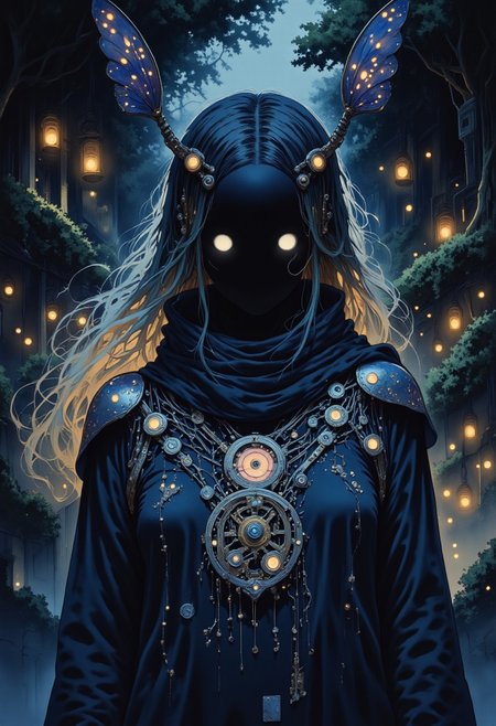Studio Ghibli Dark Fairytale, intricate cyborg, Portrait of a female robotic entity with long, fluttering moth-wing hair, black hollow eerie head, no face, dark moody, overgrown ruins illuminated by flickering lanterns, deep blues and purples dominating the palette,  
a haunting mix of mechanical precision and organic frailty, tiny glowing embers swirling around her, delicate clockwork filigree along her shoulders, movements like a puppet of forgotten gods, an aura of mystery and quiet reverence, her presence dissolving into the night