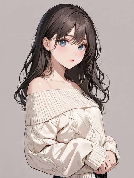 masterpiece,ultra-detailed,best quality,8K,illustration,cute face,clean skin ,shiny hair,girl,ultra-detailed-eyes,simple background, <lora:add-detail-xl:1> <lora:off shoulder sweater_XL_V1.0:1> off-shoulder sweater