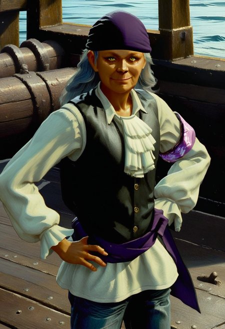 score_9_up, score_8_up, score_7_up, score_6_up, 1girl, solo, n4tasha_PY, yellow eyes, pirate, grey hair, long hair, bandana, white shirt, black vest, purple sash, armband, ascot, denim jeans, proud smile, hands on hips, standing on the deck of a pirate ship, blue sky, sunshine, (painted art)