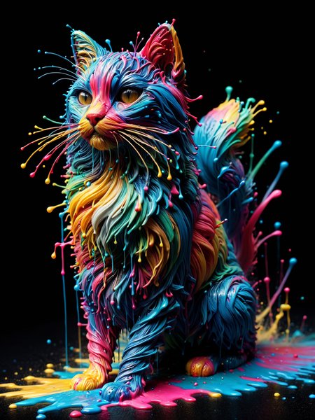 cat made of mad-thrdpnt, colorful paint splashing, outrun,  <lora:3D_Paint_SDXL:0.8>, raw photo, film grain, Fujifilm XT3, (photorealistic, realistic:1.2), deep shadow,  8k, uhd, dslr, ultra high res