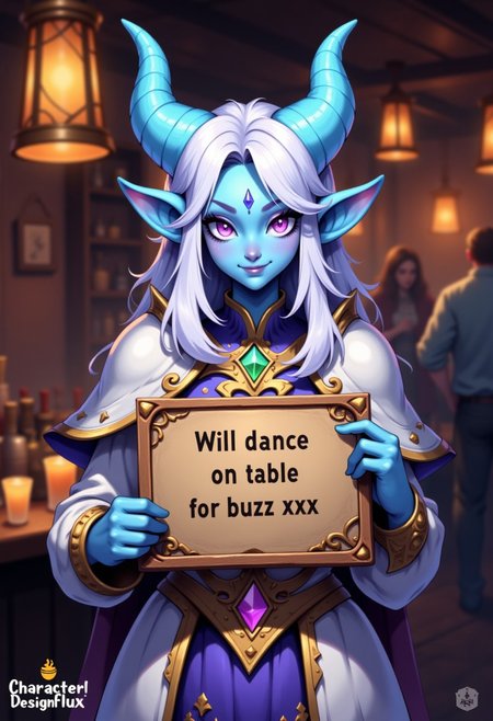 3d render, video game, CharacterDesignFLUX,
1girl, draenei girl, Draenei from World of Warcraft, light blue skin, light blue horns, small horns, short horns, white hair, white armor, gold trim, purple eyes, purple pupils, colored pupils, purple sclera, colored sclera, purple gems, rune on forehead,
Standing in a tavern, medieval,
Light smile,
Holding a sign that says "Will dance on table for buzz xxx"